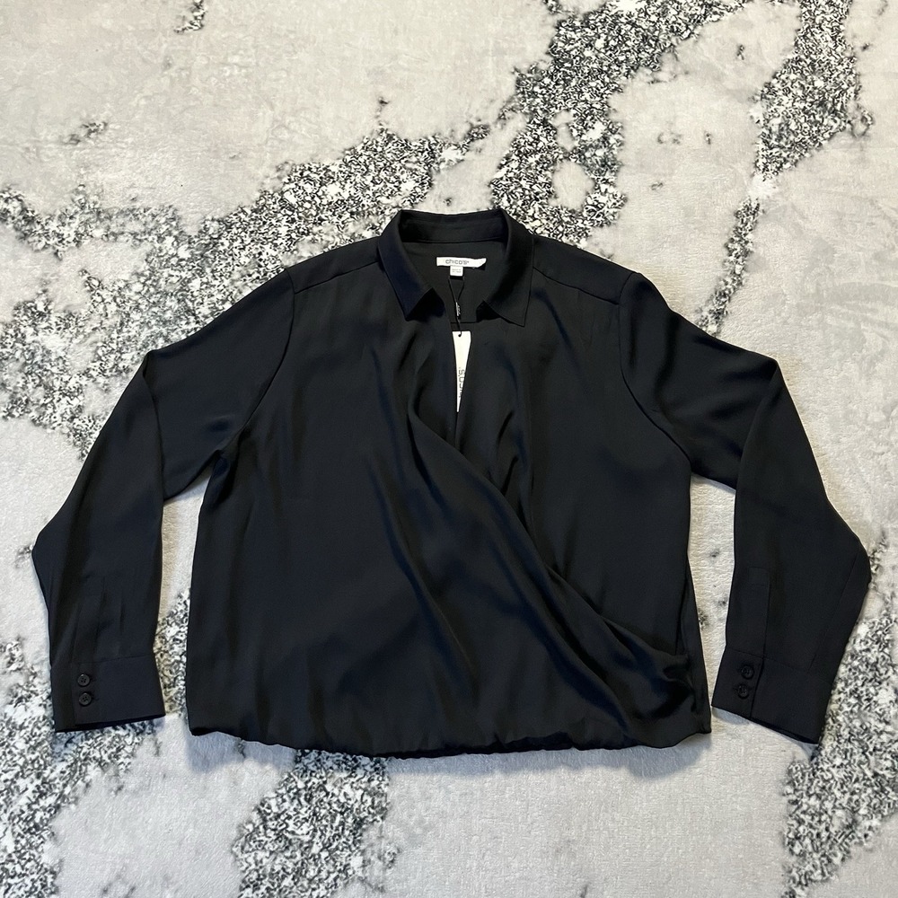 Chicos Blouse Womens Size‎ 12 Black Surplice Shirt Long Sleeve Fashion Top - Picture 1 of 11